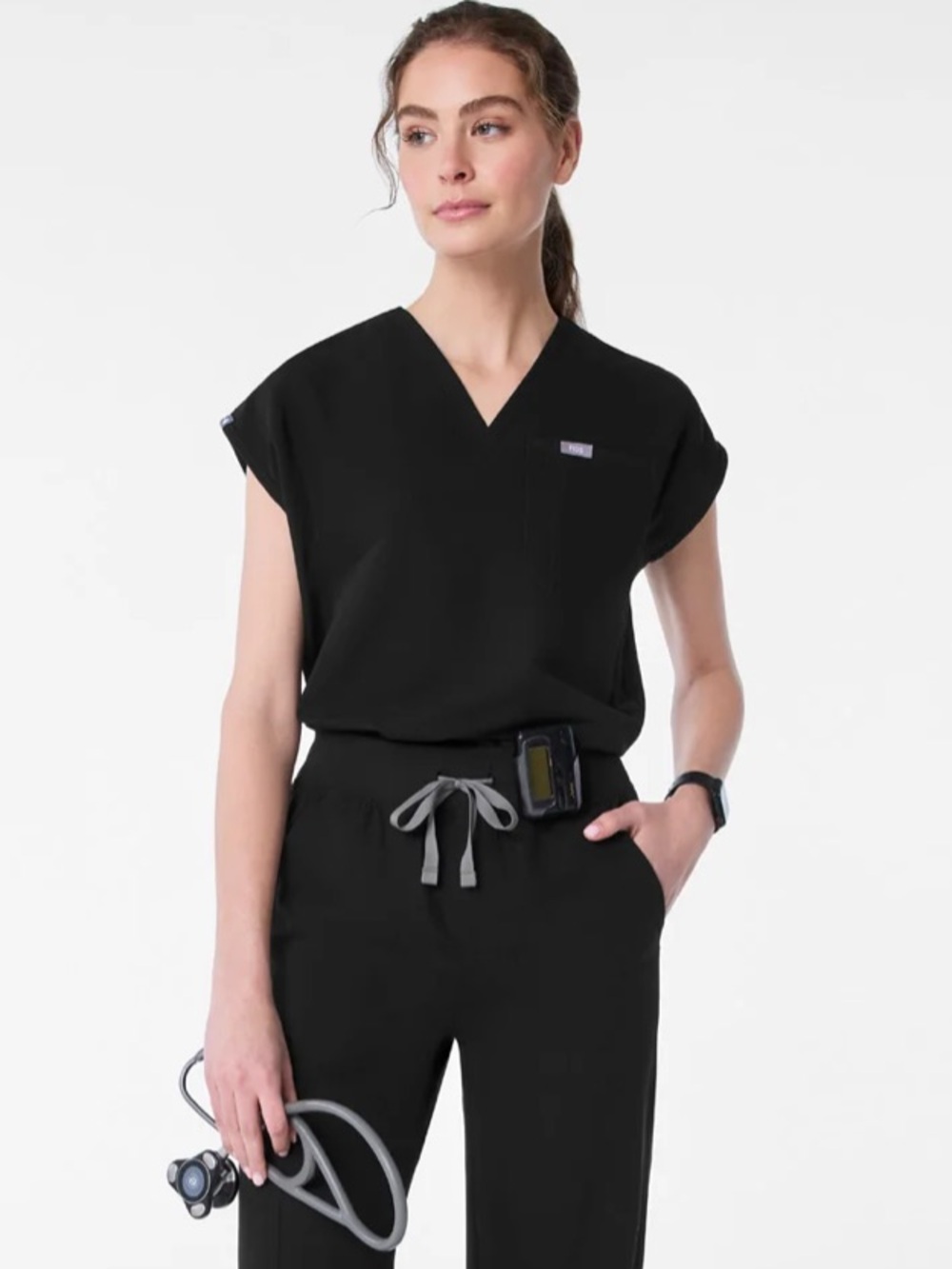 Black Women's Scrub top with banded waistband
